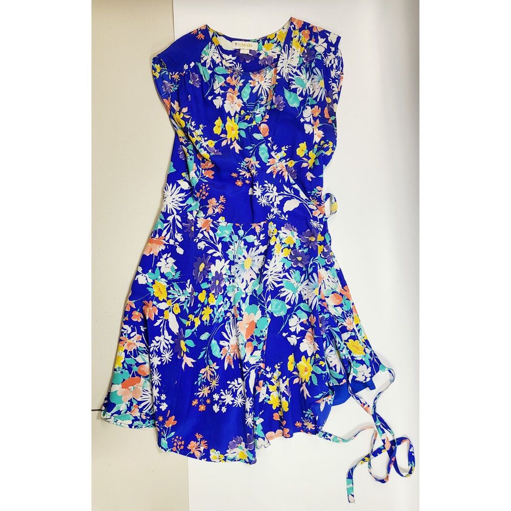 Yumi Kim Blue Floral Wrap Mini Dress Size L Wrap Ruffle Cap Sleeve